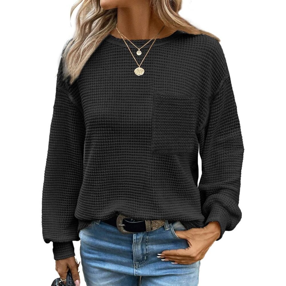 Womens Waffle Knit Top Long Sleeve Crewneck Casual Blouse Medium